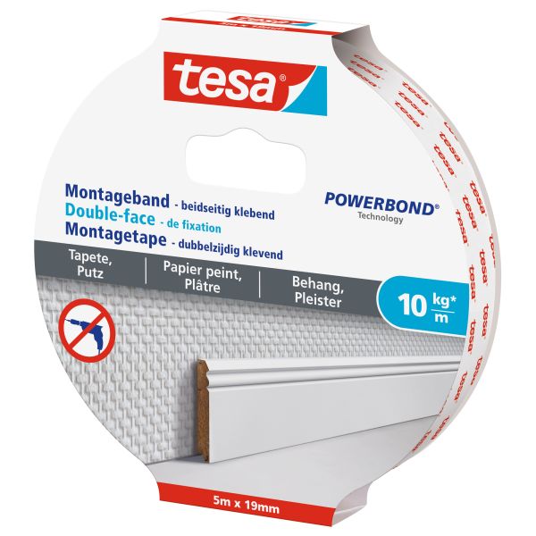 tesa Montageband, 5m x 19mm, für Tapeten und Putz, bis zu 10kg/m, weiß