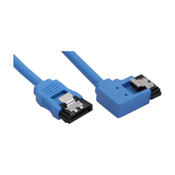 InLine® SATA 6Gb/s Anschlusskabel rund, abgewinkelt links, blau, mit Lasche, 0,15m